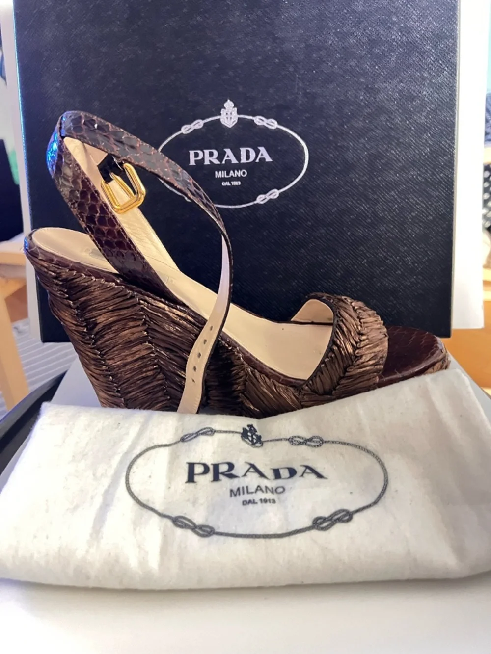 Prada Brown Woven Raffia and Leather Platform Wedge Sandals - Picture 5 of 6